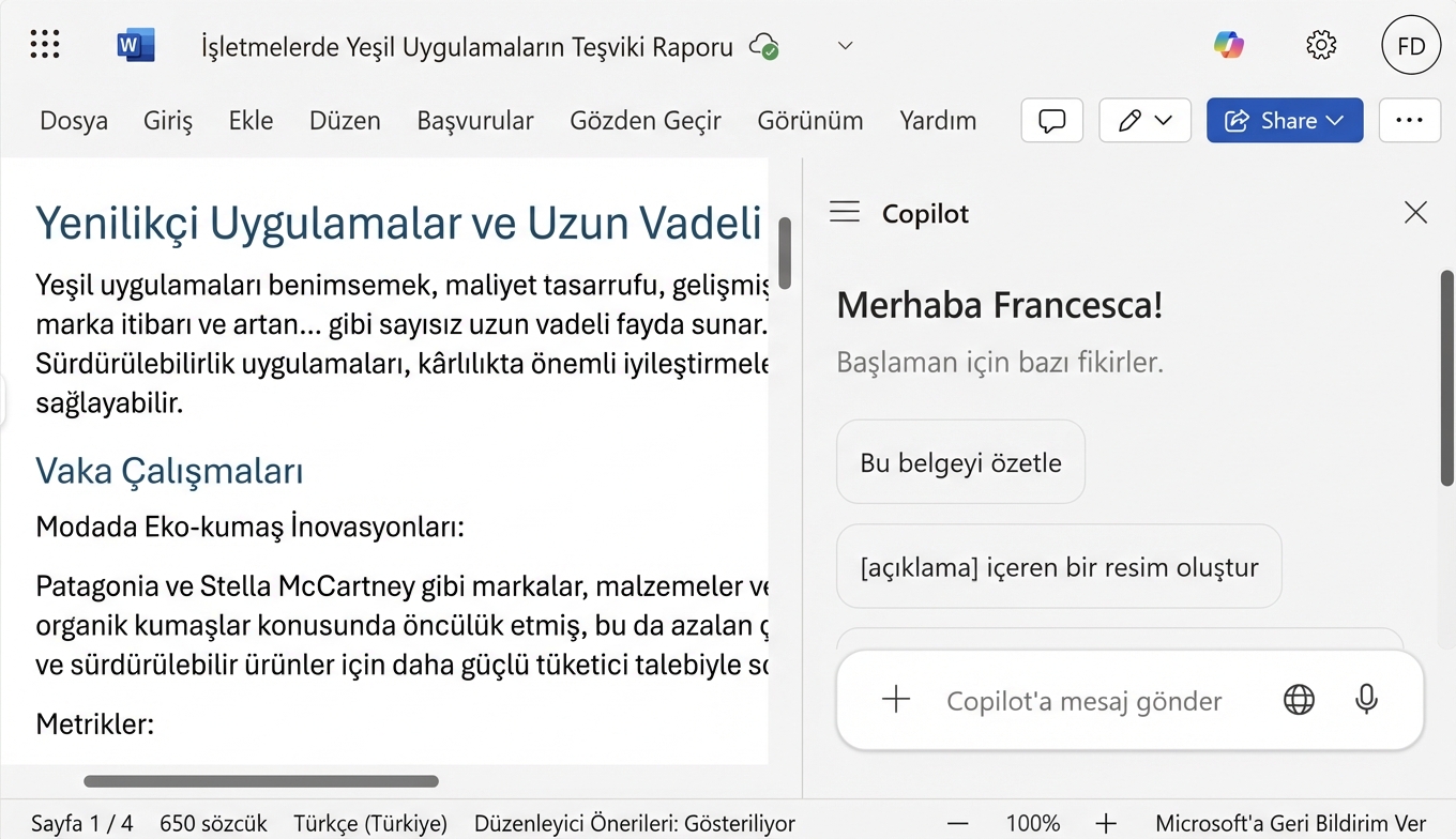 Yanında Copilot sohbeti açık bir Word belgesi ekran görüntüsü.