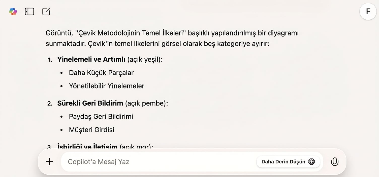 Proje yönetimi diyagramını açıklayan Copilot yanıtının ekran görüntüsü