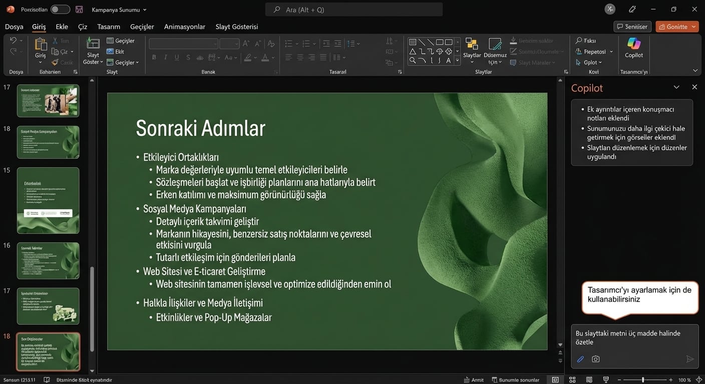 Yan tarafta Copilot sohbeti açık ve kullanıcının slaydaki metni özetlemesini istediği bir PowerPoint slaydının ekran görüntüsü.