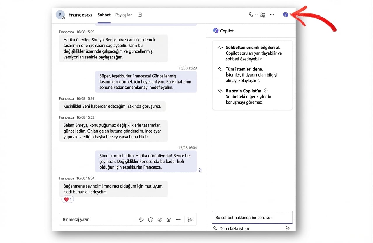 Copilot’a soru sormak için yan paneli açık bir Microsoft Teams sohbet ekran görüntüsü. Copilot simgesine kırmızı ok.