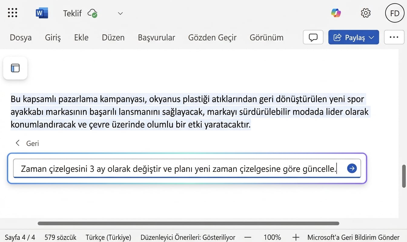 Kullanıcının tarih zaman çizelgesini değiştirmesini istediği açık bir Copilot sohbeti.
