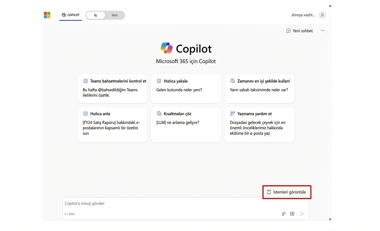 İstemleri görüntüleme seçeneği olan Microsoft 365 için Copilot ana sayfası.
