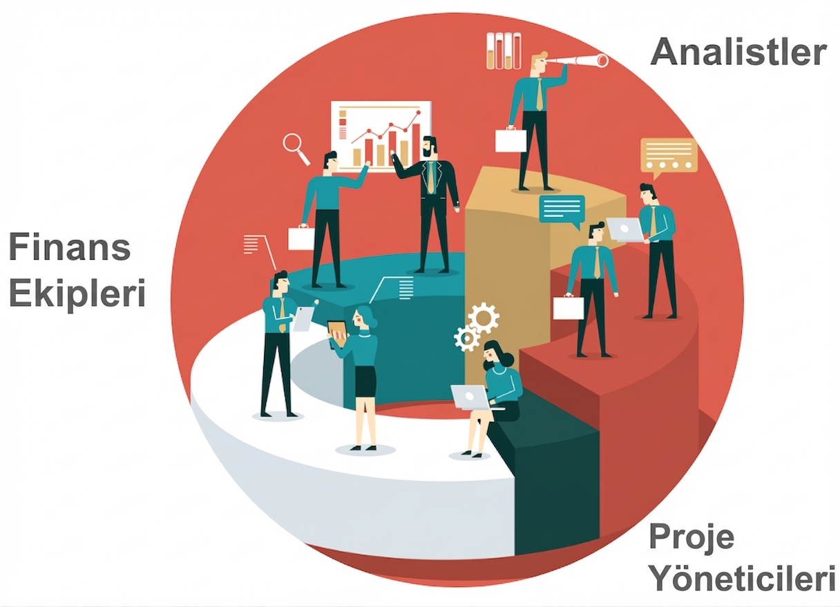 Finans uzmanları, analistler, proje yöneticileri ve idari personelin birlikte çalıştığı bir ortam, bilgi çalışanlarını temsil ediyor.