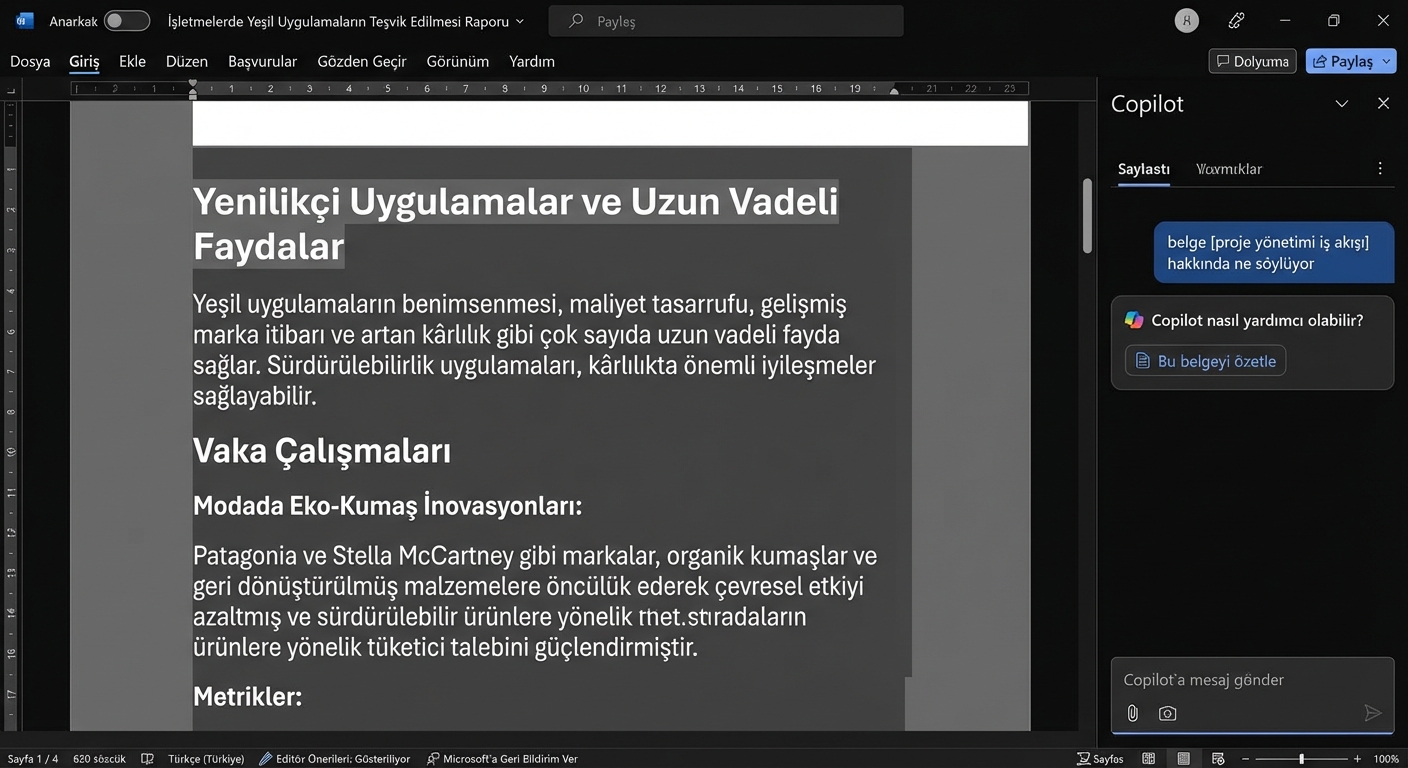 Kullanıcının belgeyi özetlemesini istediği, yanında Copilot sohbeti açık bir Word belgesi ekran görüntüsü.