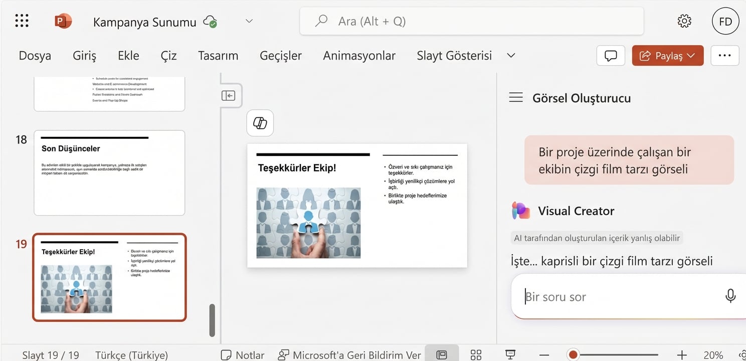 Kullanıcının slaytları düzenlemesini istediği sohbeti gösteren Copilot sohbeti açık bir PowerPoint slaydının ekran görüntüsü.