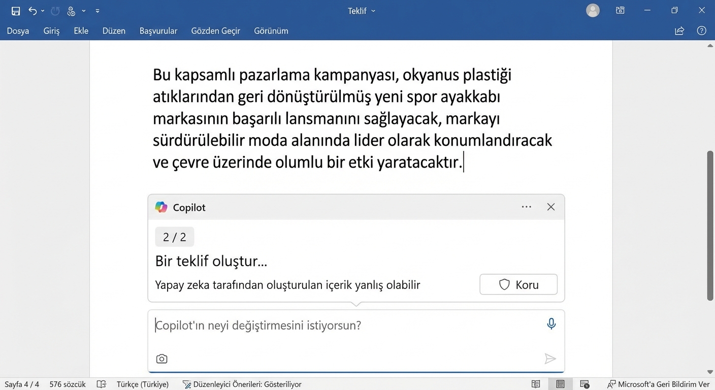 Taslağı koruma veya daha fazla soru sorma seçeneği olan açık bir Copilot sohbeti.