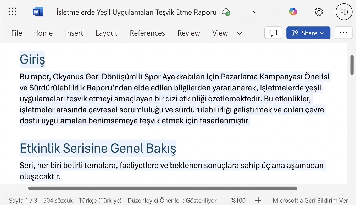 İki mevcut belgeden yararlanarak Copilot’un taslağını oluşturduğu rapor.