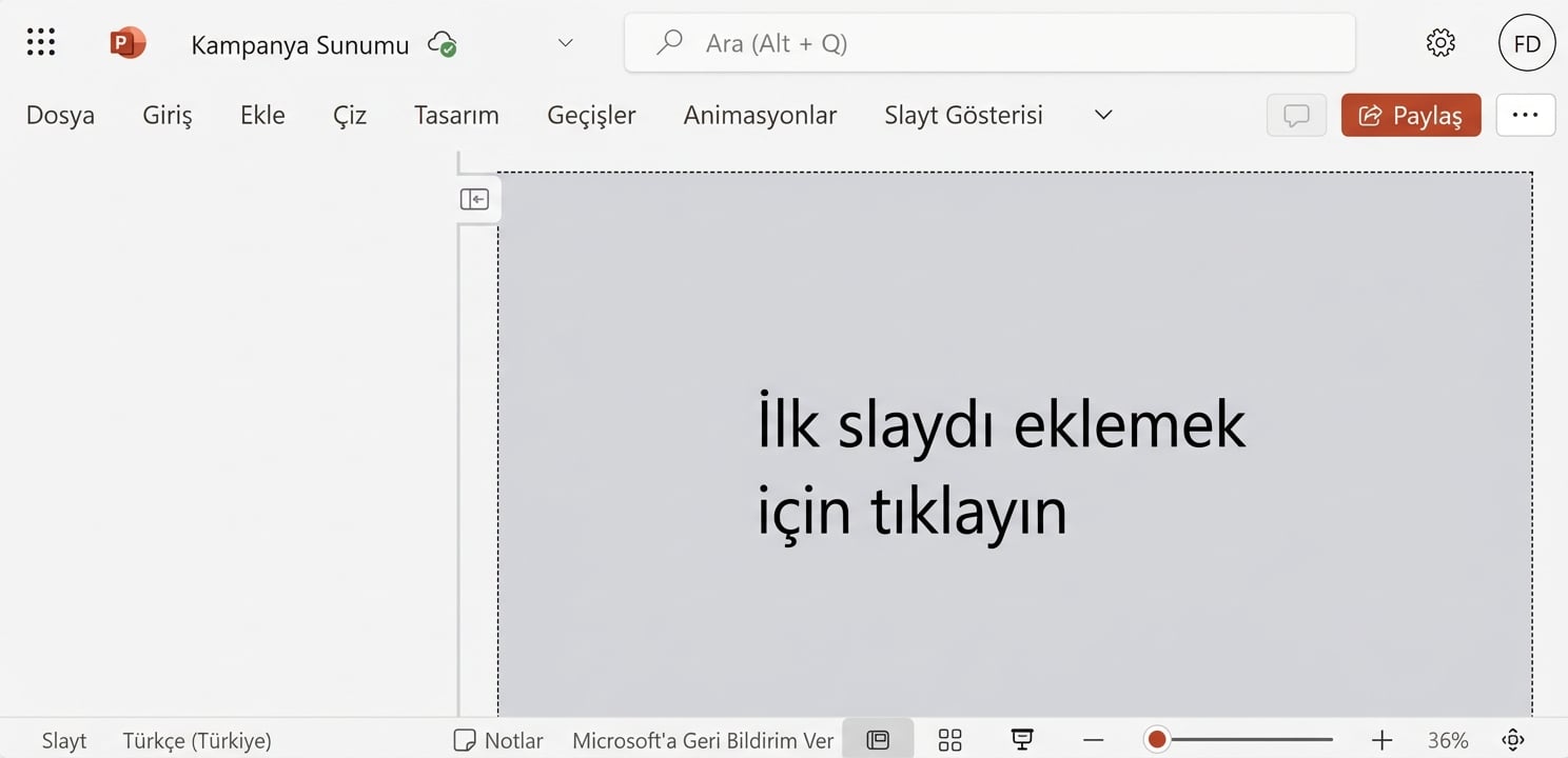 Boş bir PowerPoint belgesinin ekran görüntüsü.