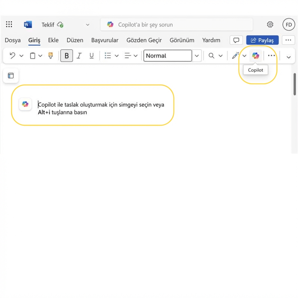 Boş bir Word belgesinde "Copilot ile taslak için ALT+I tuşlayın" ve Copilot simgesi vurgulu ekran görüntüsü
