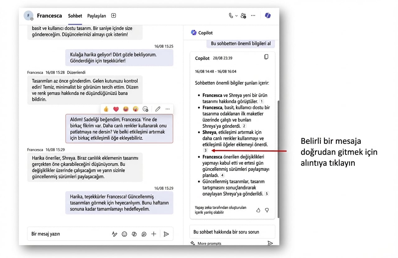 Copilot yanıtı açık bir Microsoft Teams sohbeti ve özgün mesaja götüren başvuruya kırmızı ok.