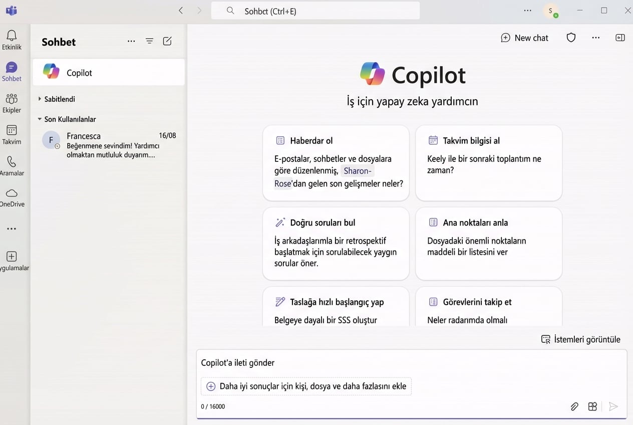 Kullanıcının Copilot’a Francesca’nın ne üzerinde çalıştığını sorduğu bir gösterim.