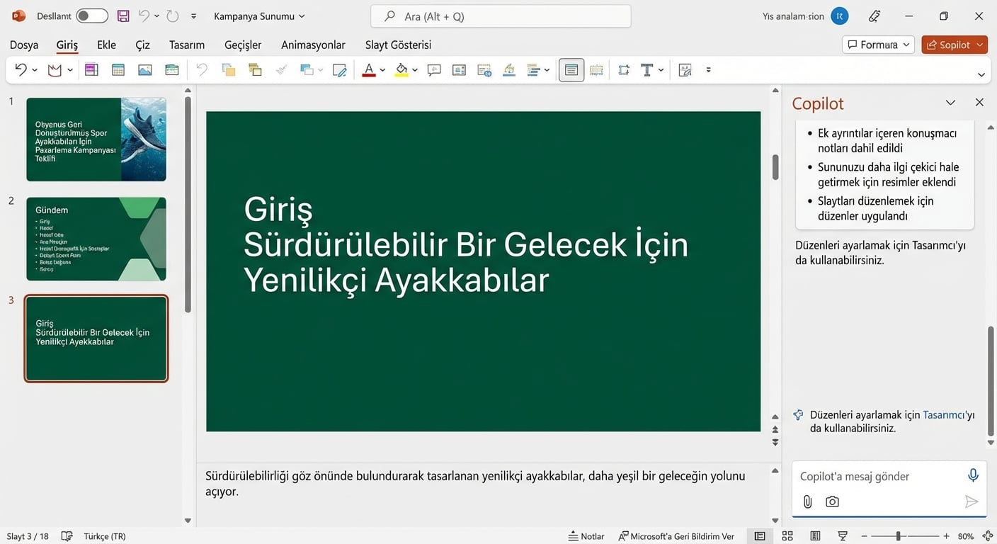 Mevcut bir dosyadan başlayarak Copilot'un sunum oluşturmasının gösterimi.
