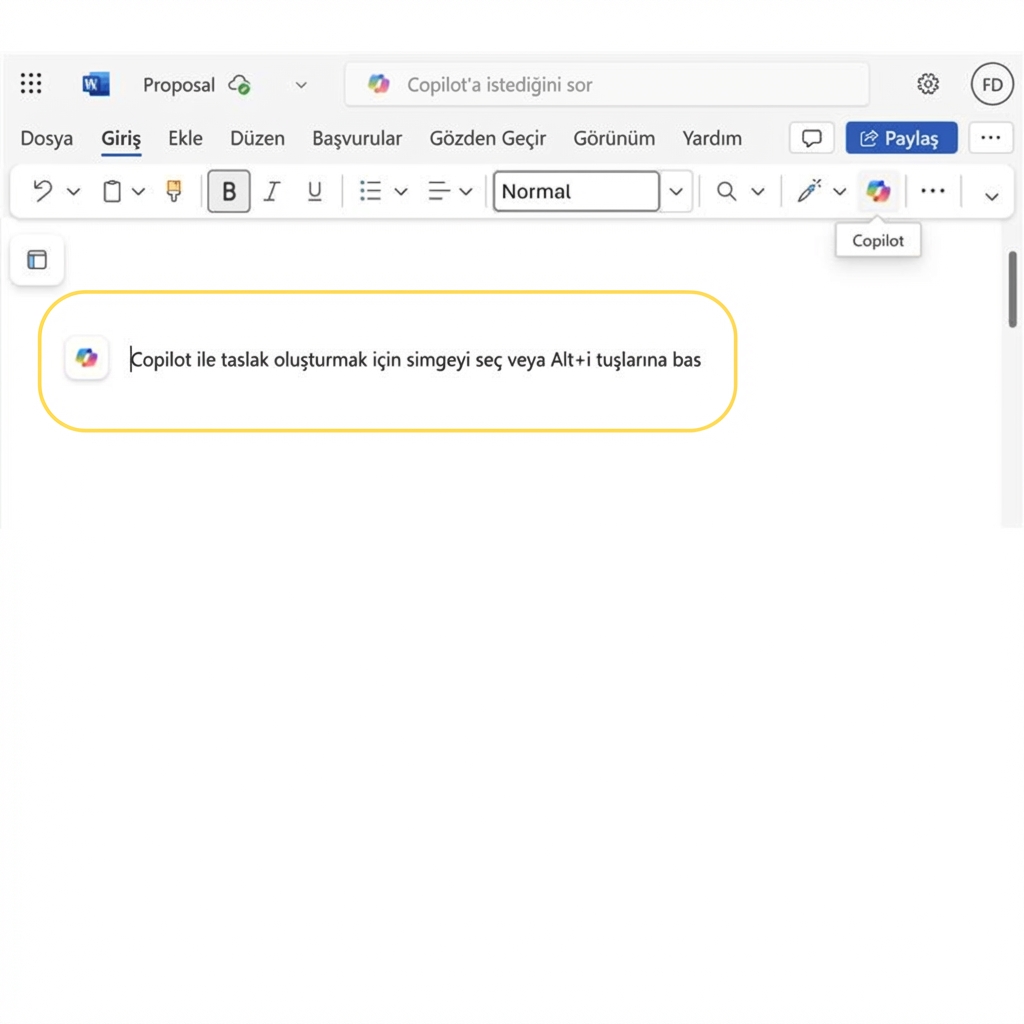 Boş bir Word belgesinde "Copilot ile taslak için ALT+I tuşlayın" vurgulu ekran görüntüsü