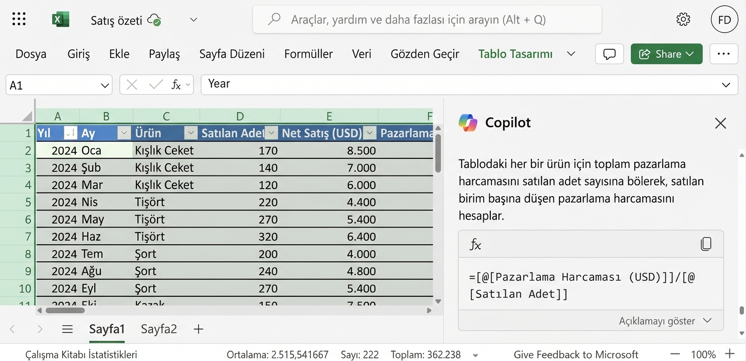Kıyafet ürünlerine ait verileri gösteren açık bir Excel belgesi ve formül çıktısını gösteren Copilot sohbeti