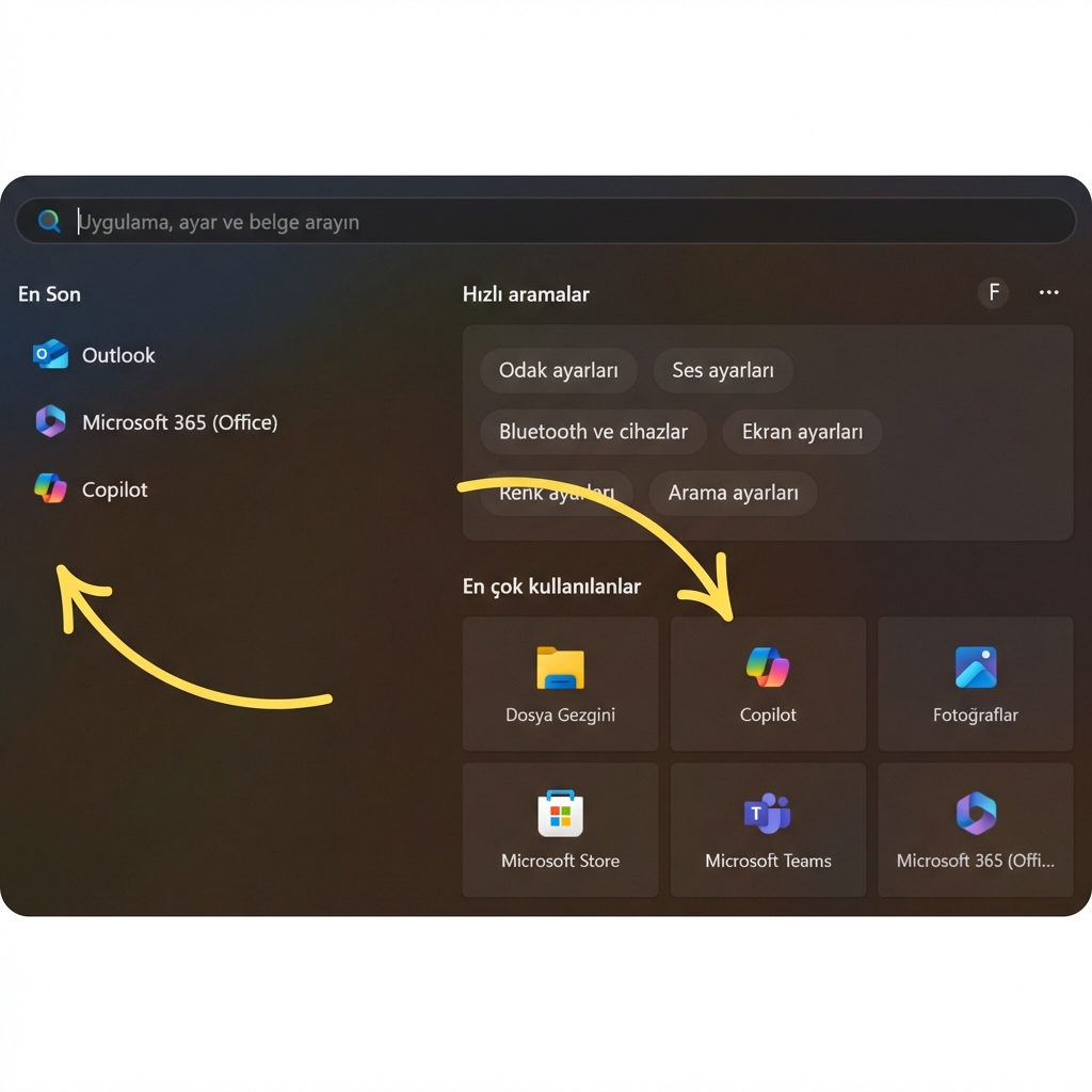 Copilot simgelerini gösteren oklarla Windows arama çubuğu