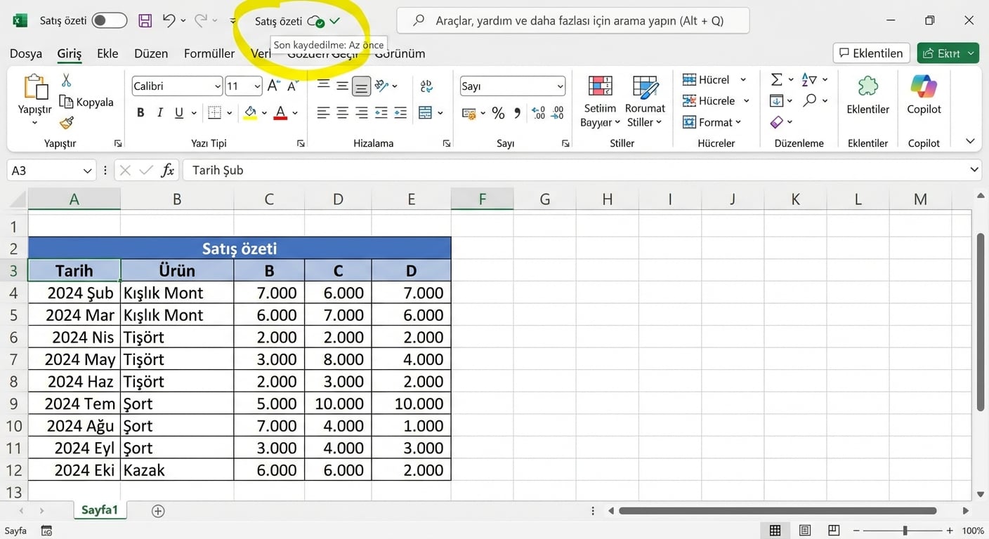 Otomatik kaydetme vurgulanmış Excel çalışma sayfası ekran görüntüsü.