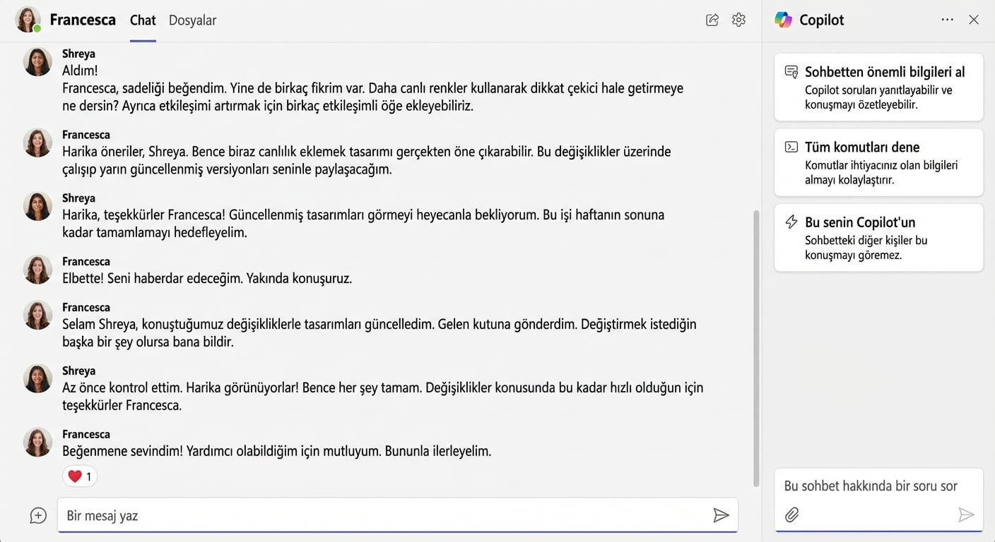 Sol üstte kırmızıyla işaretlenmiş Copilot simgesi ve açık Copilot sohbeti olan Microsoft Teams ekran görüntüsü.