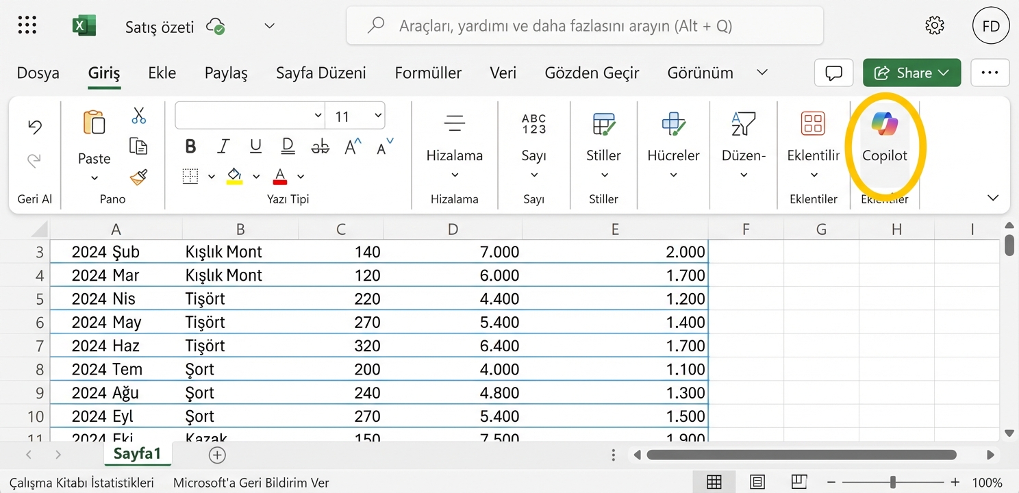 Copilot simgesi vurgulanmış Excel çalışma sayfası ekran görüntüsü.