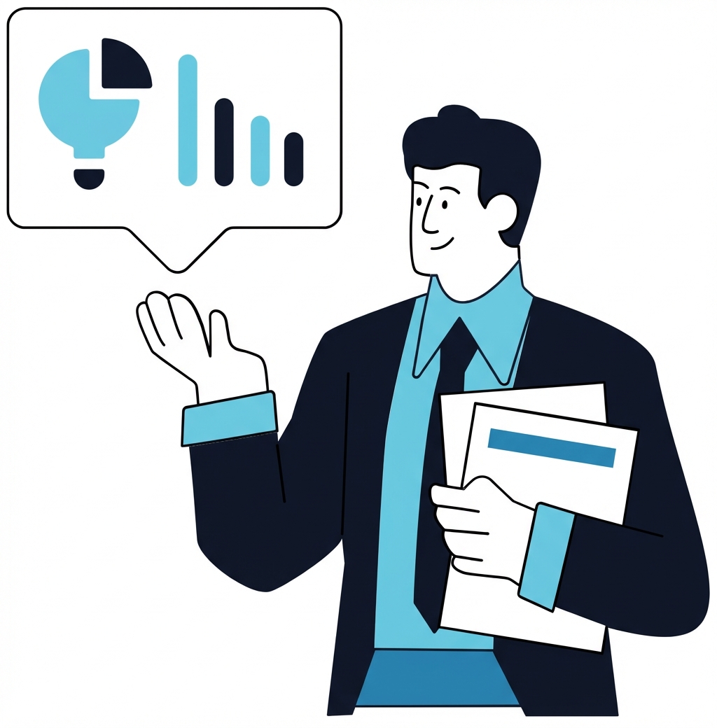 Bir finans analistini temsil etmek için evrak ve grafikle kişi illüstrasyonu