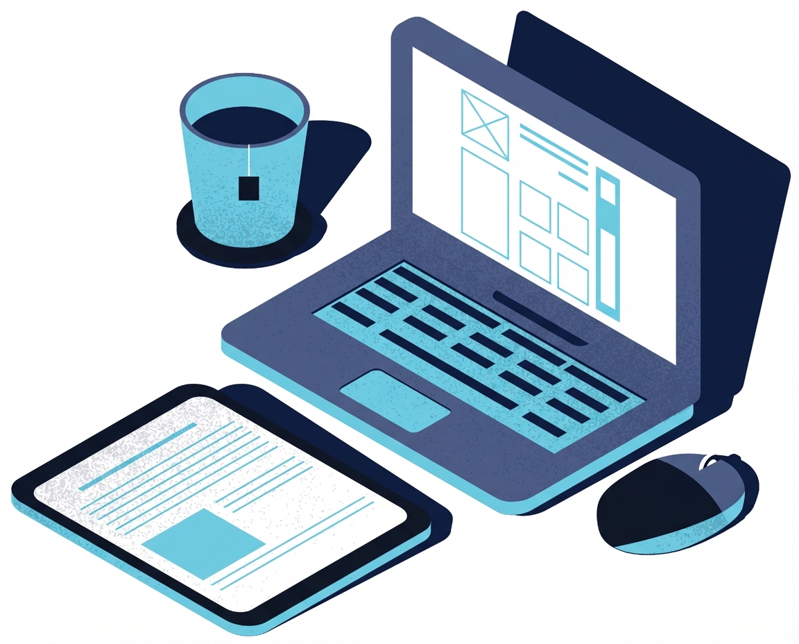 Çalışma zamanını temsil eden dizüstü, fare, tablet ve kahve görseli.