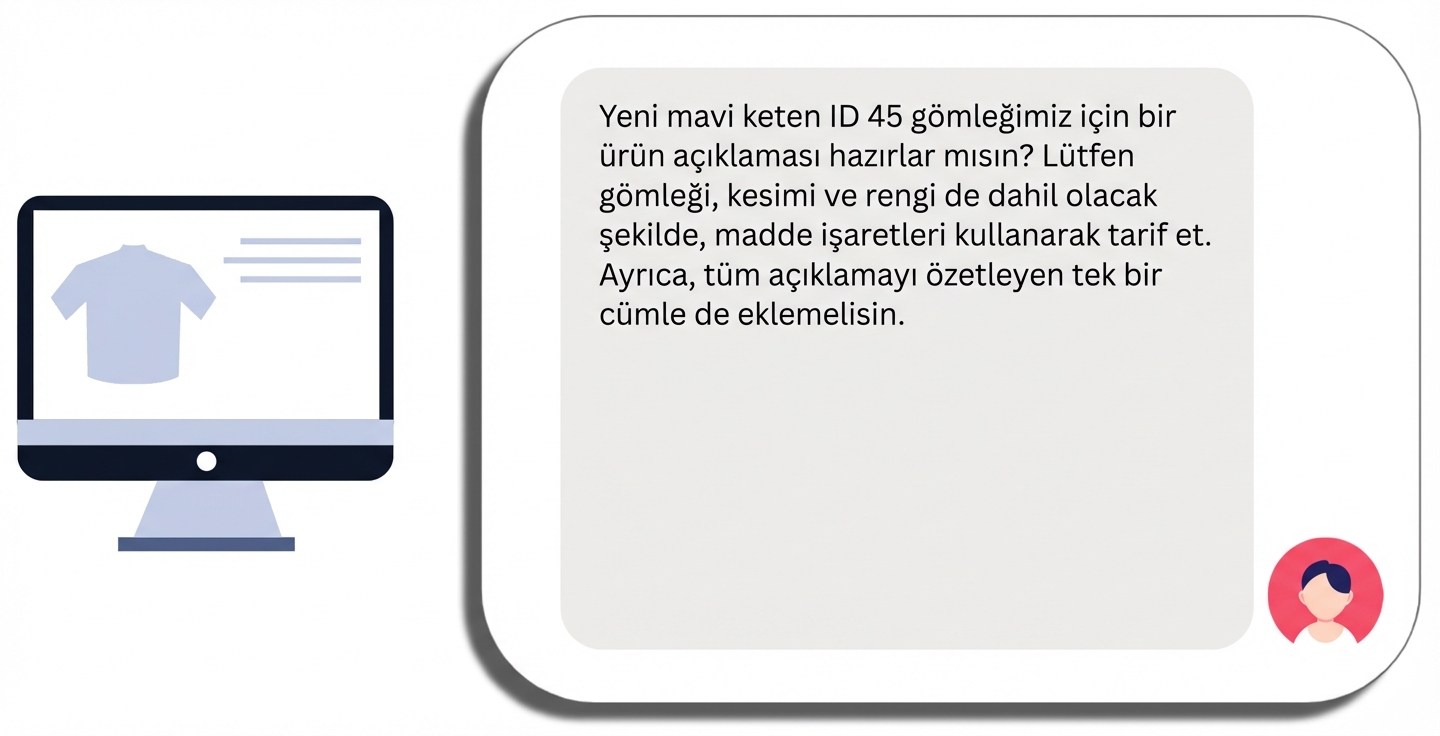 Belirli bir ürün adı ve özel taleplerle gömlek için ürün açıklaması istemi