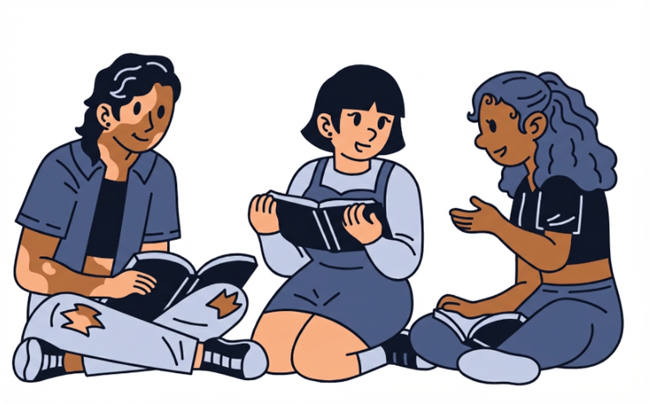 Gündelik kıyafetli yerde oturan üç öğrenci: okulu temsil eder