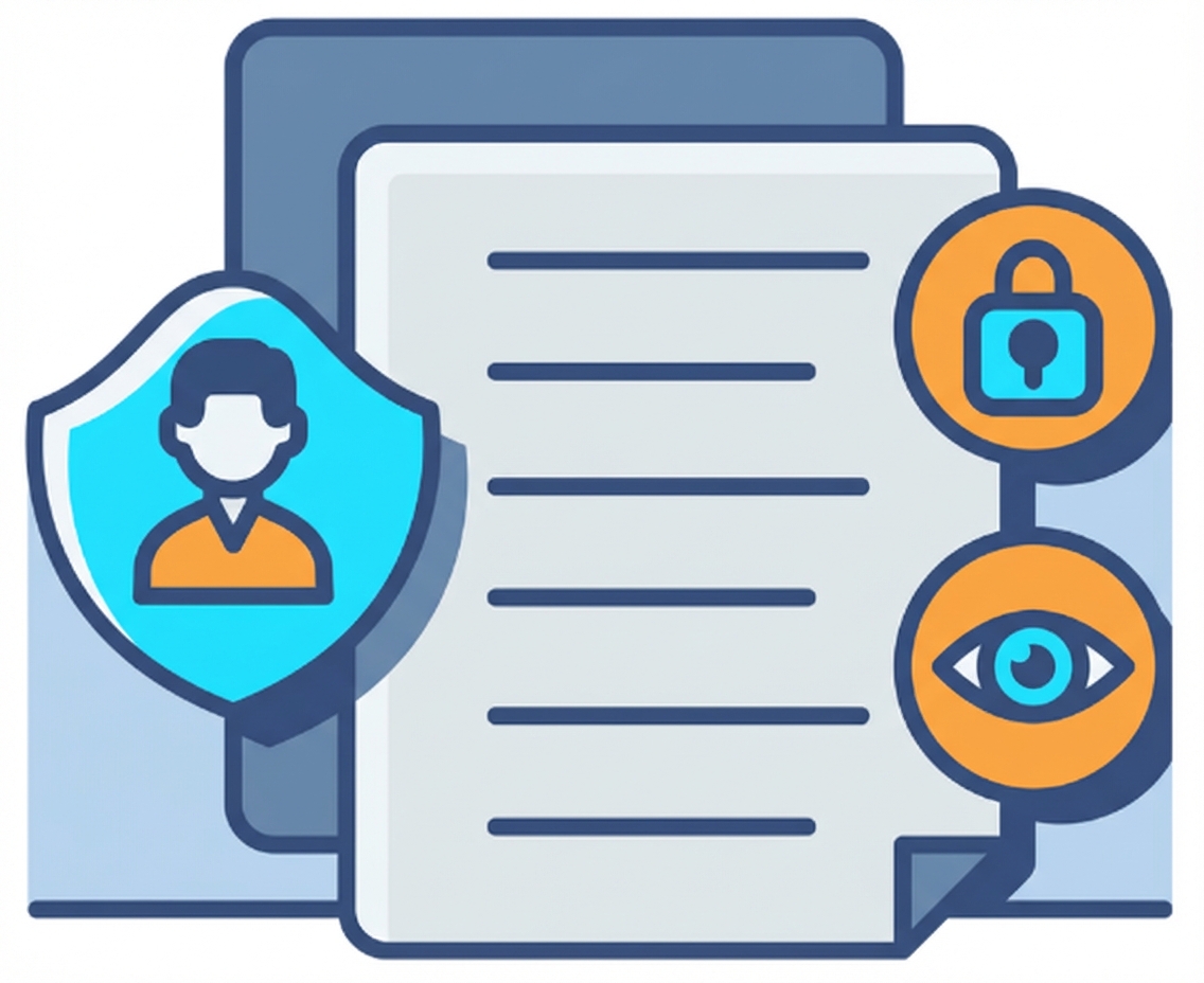 Dikkat edilecek noktaları temsil eden, kilit ve göz gibi simgeleri olan bir belge illüstrasyonu