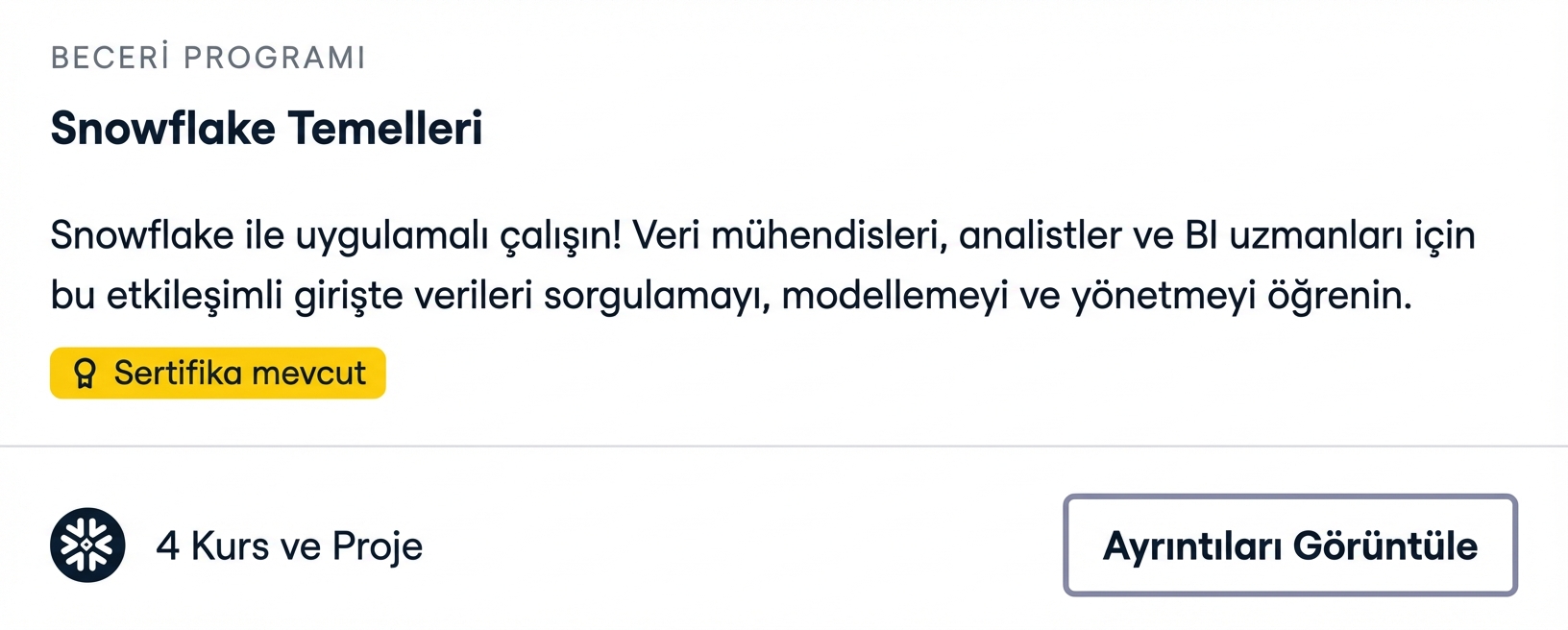 DataCamp'in Snowflake Foundations Beceri İzinin ekran görüntüsü