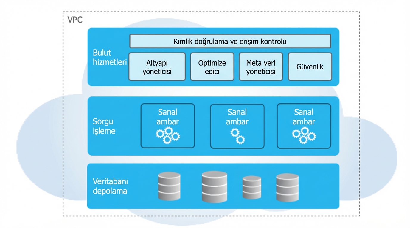 Snowflake’in mimari katmanları: Bulut Hizmetleri, Sorgu İşleme ve Veritabanı Depolama.