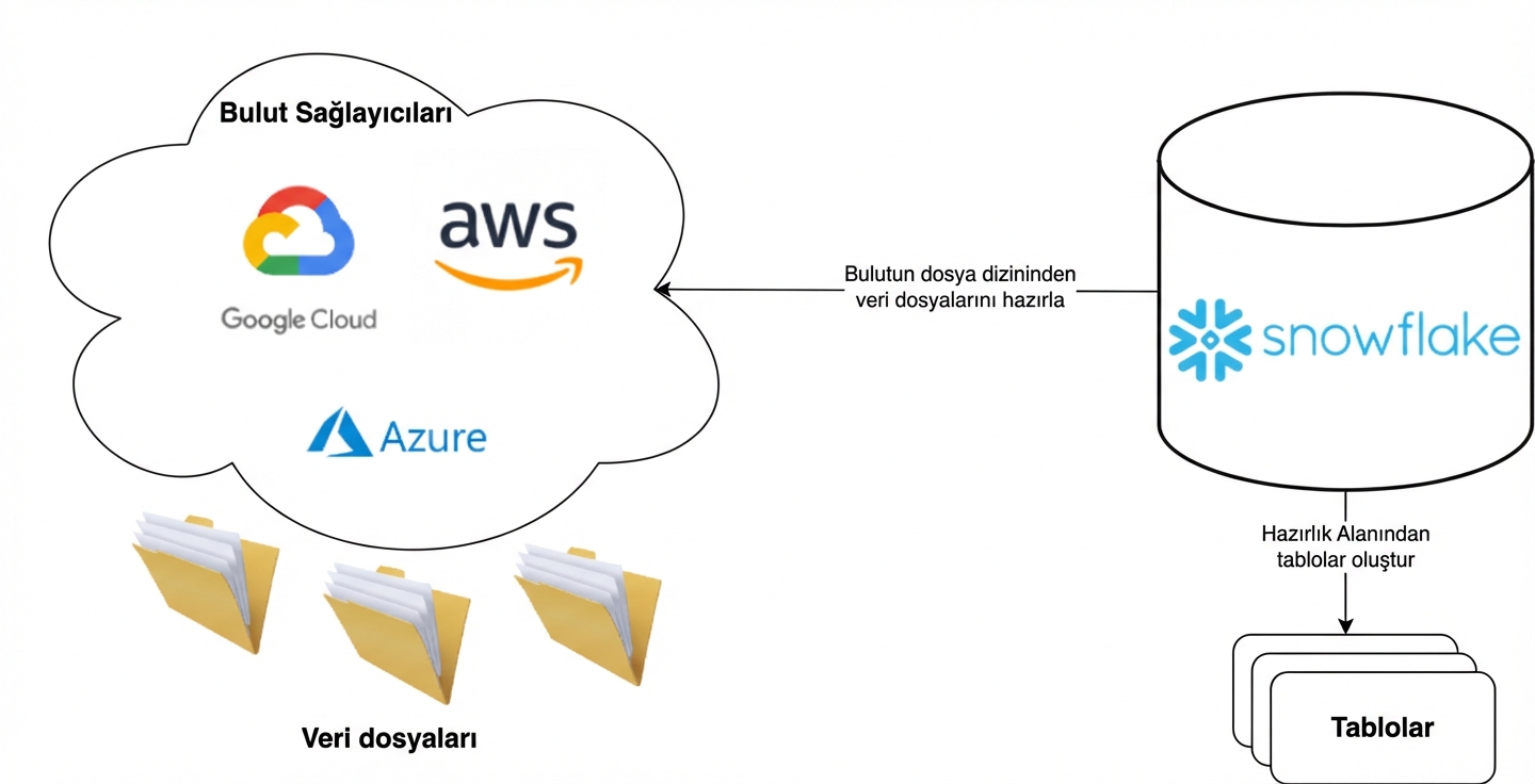 Bulut sağlayıcılar ile Snowflake arasındaki iş akışının görseli