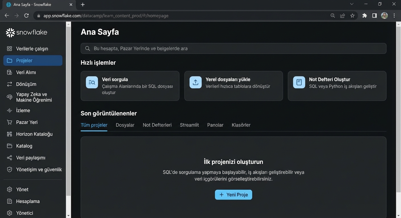 Snowsight arayüzünün ekran görüntüsü