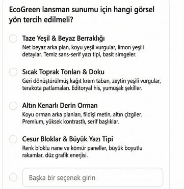 Copilot, EcoGreen destesinin görsel yönünü soruyor; seçmek için dört tanımlı stil sunuyor