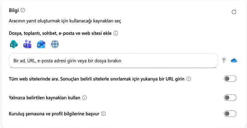 Agent Builder'da tek kaynak eklenmiş Knowledge paneli