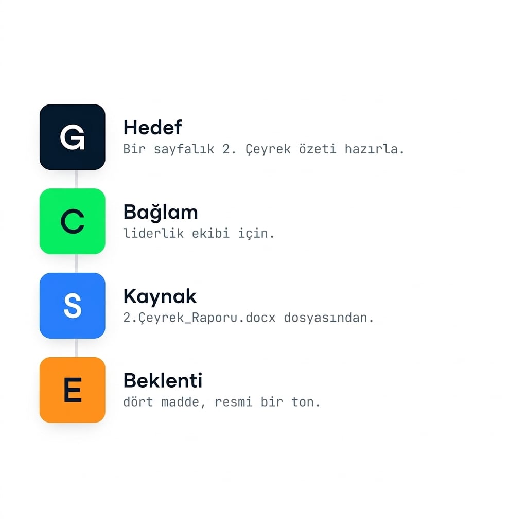 Dört GCSE harfi - Goal, Context, Source, Expectation - madde işaretli bir kontrol listesi olarak
