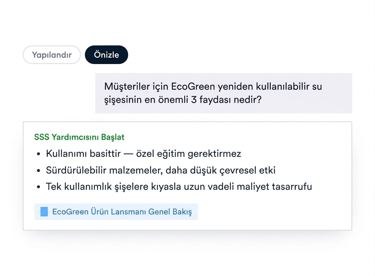 Preview panelinin diyagramı: test sorusu, ajanın üç maddeyle yanıtı ve atıf yaptığı bilgi kaynağı