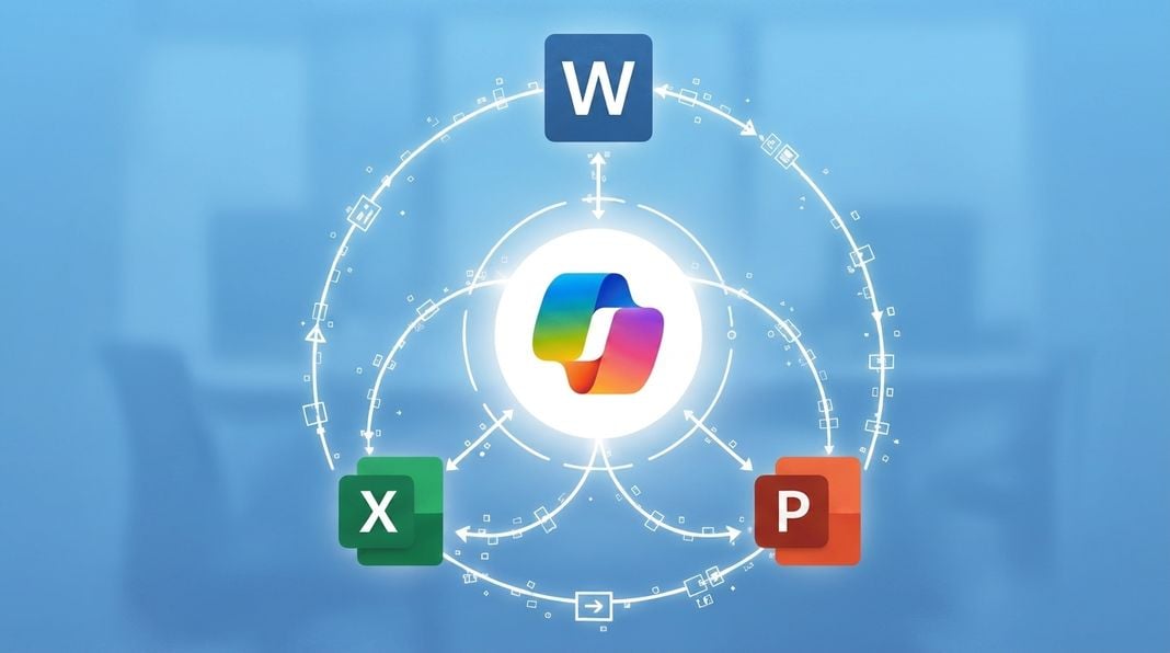 Uygulamalar arasında çalışmayı bağlama yeteneğini temsil eden, ortada Microsoft 365 Copilot logosu ve ona bağlı Word, Excel, PowerPoint simgeleri