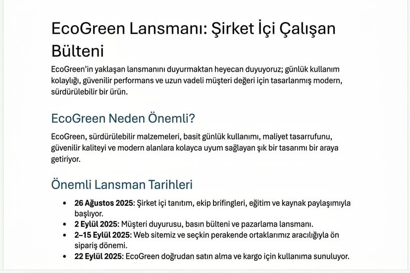 Copilot'un Word'de taslakladığı EcoGreen bülteni: net başlıklar ve kısa bölümler
