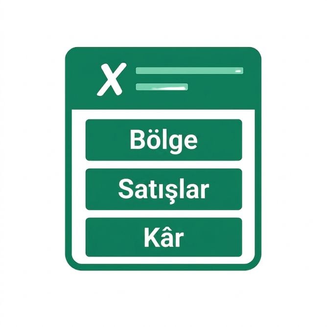 Bölge, Satış ve Kâr için etiketli sütunlar gösteren yeşil bir Excel sayfası illüstrasyonu; net veri organizasyonunu simgeler