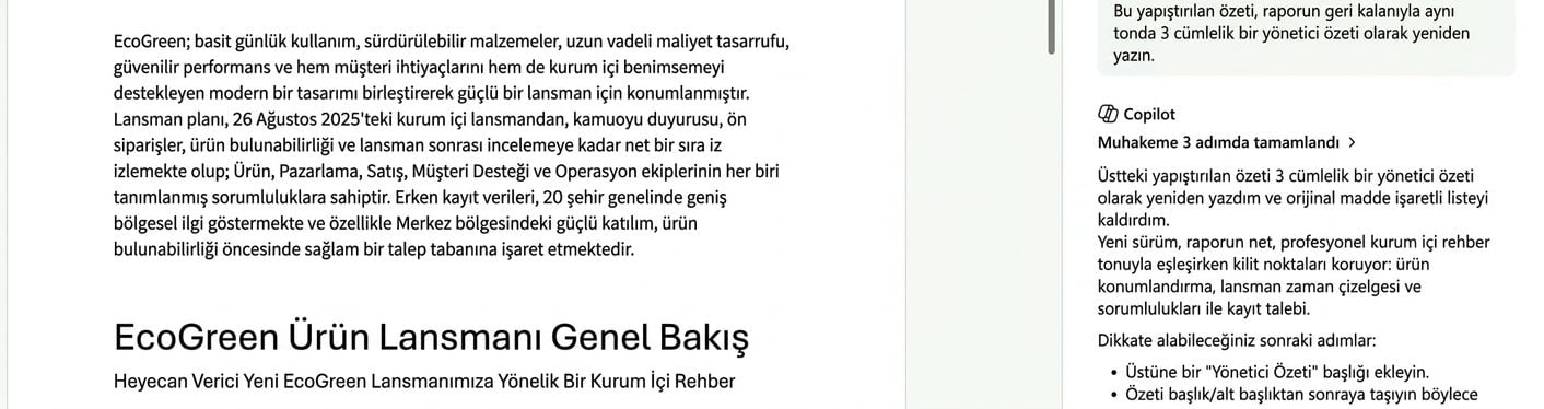 Word, yapıştırılan dosyalar arası özeti EcoGreen raporunun başına üç cümlelik yönetici özetine dönüştürüyor