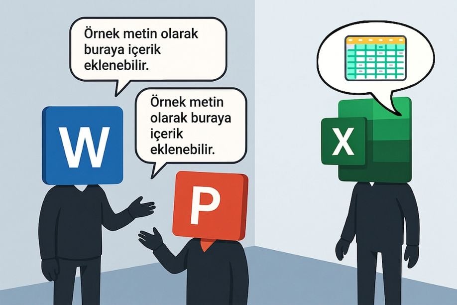 Microsoft Word, PowerPoint ve Excel logolarını baş olarak taşıyan üç figür illüstrasyonu; Microsoft uygulamaları arasında işbirliğini simgeler
