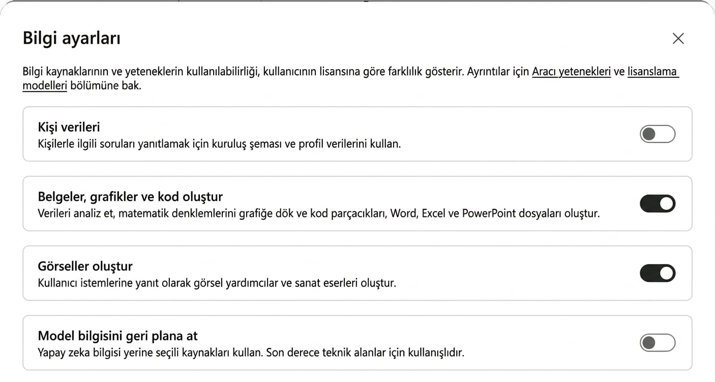 Knowledge settings iletişim kutusunda Create documents, charts, and code ile Create images her ikisi de açık