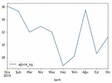 Zaman içinde Sully adlı bir köpeğin ağırlığını gösteren çizgi grafiği. Ağırlık 27 ile 36 kilogram arasında dalgalanır.