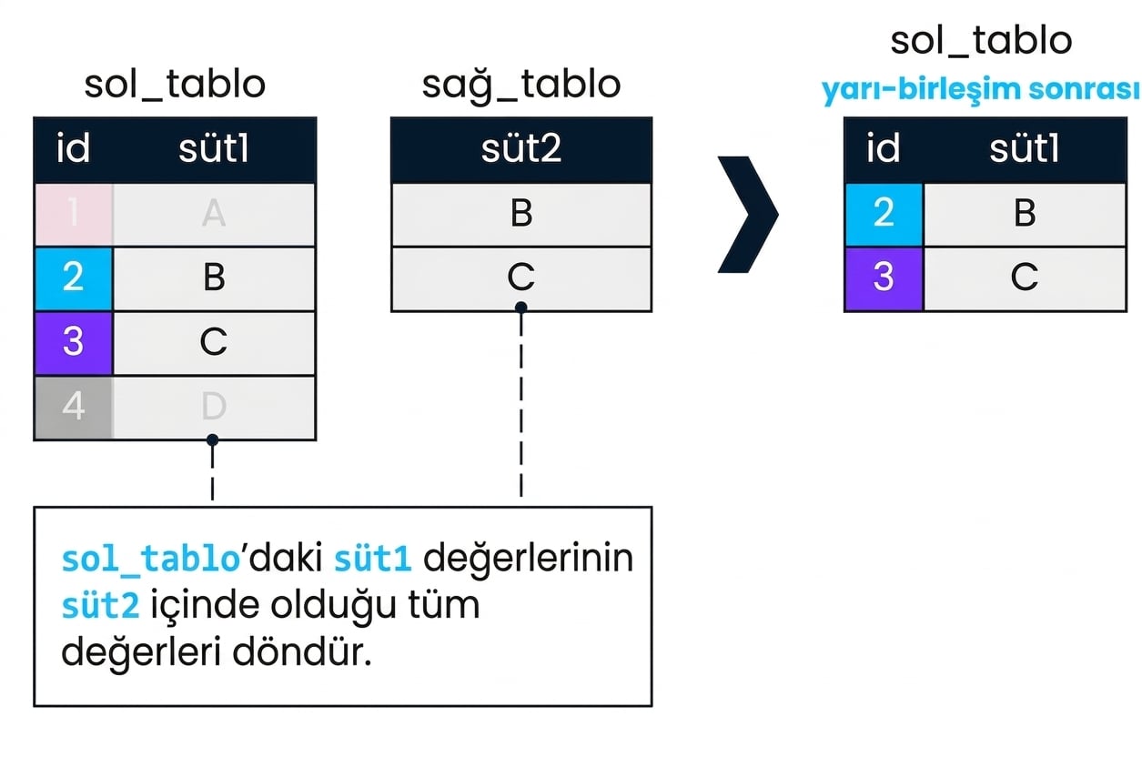 İki tabloyu (left_table ve right_table) gösteren bir diyagram. Sağda iki tablo üzerinde yapılan bir semi join sonucu var. Yalnızca left_table içindeki col1’in, col2’de eşleşme bulduğu kayıtlar döndürülür. Bunlar 2 ve 3 kimlikleridir.