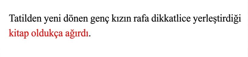Uzun menzilli bağımlılığa bir örnek: "Tatilinden yeni dönen genç kızın dikkatlice rafa koyduğu kitap oldukça ağırdı."