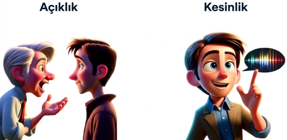 Bir tarafta açıklığı göstermek için konuşan iki kişi, diğer tarafta özelliği göstermek için konuşma balonlu bir kişi