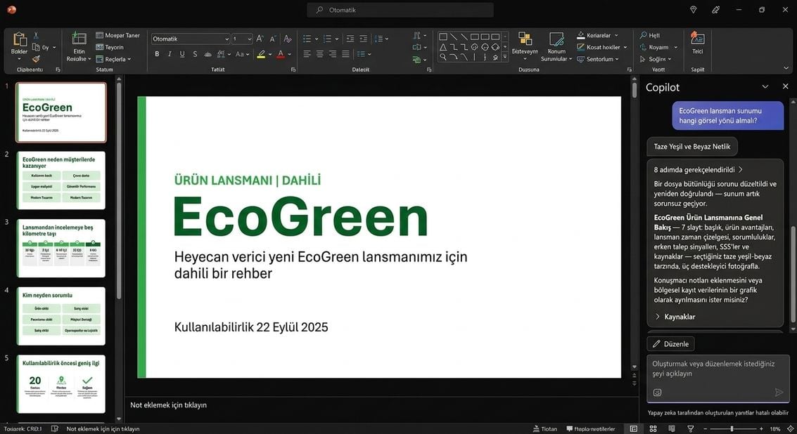 Copilot PowerPoint'te çok slaytlı EcoGreen destesini oluşturuyor: akıl yürütme bölmesi, oluşturulan slayt küçük resimlerinin yanında