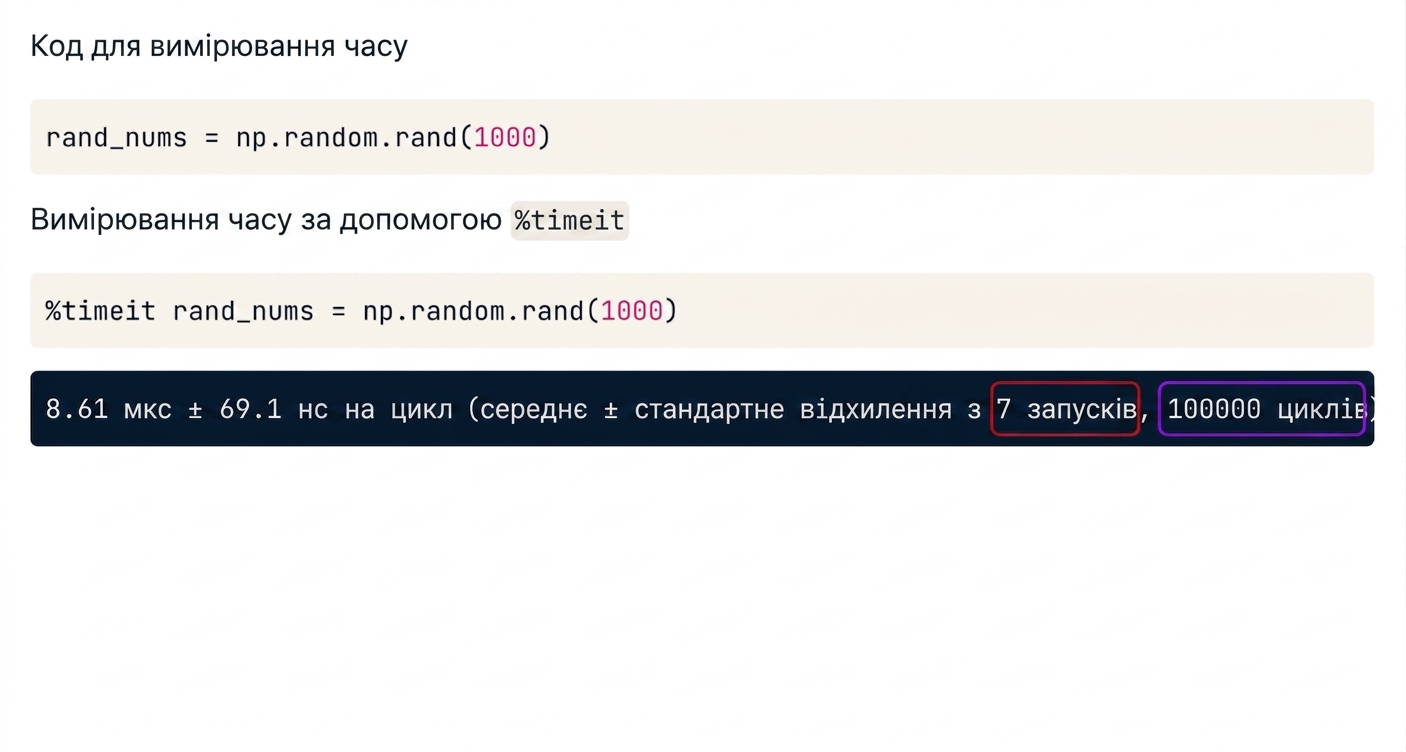 alt="Вивід timeit з підсвіченою кількістю запусків і циклів"