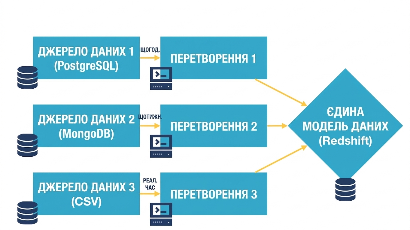 Три джерела даних трансформуються під уніфіковану модель даних