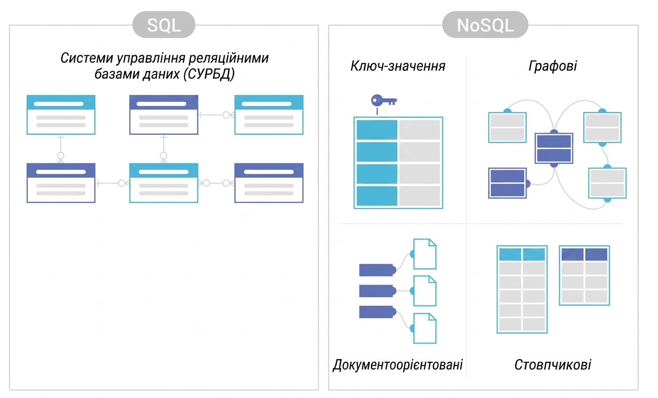 Схема порівняння зберігання в SQL і NoSQL DBMS.