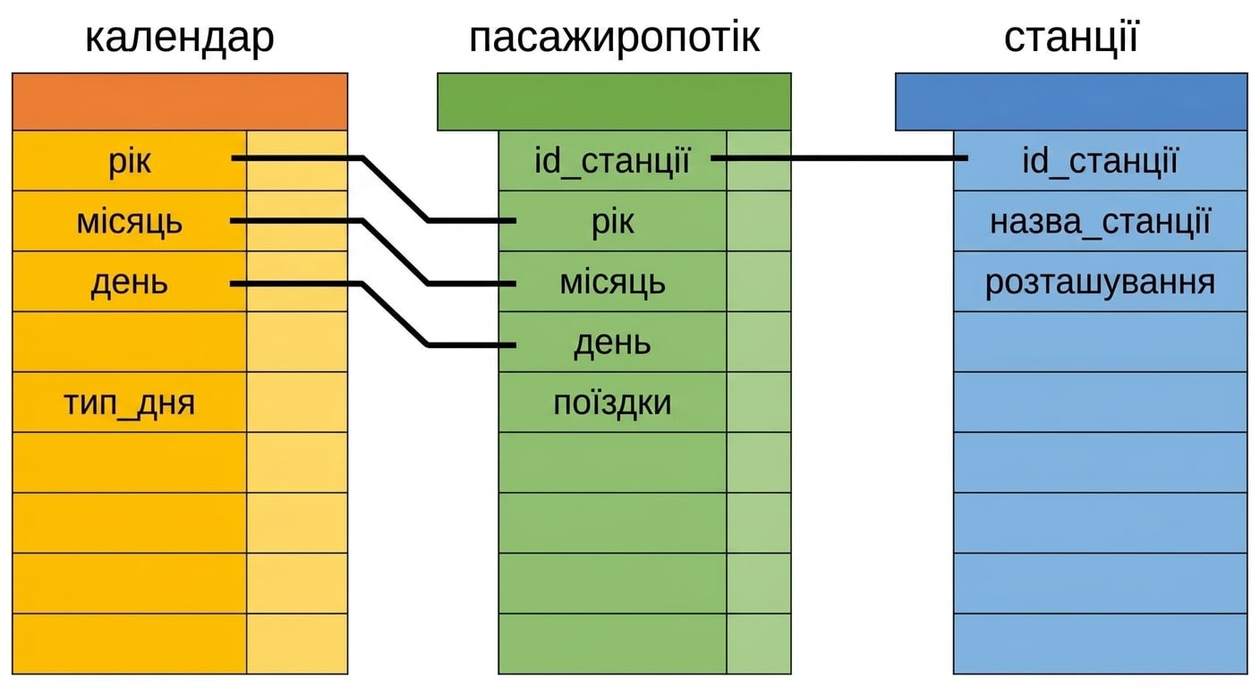 Table diagram. The cal table relates to ridership via year, month, and day. The ridership table relates to the stations table via station_id.